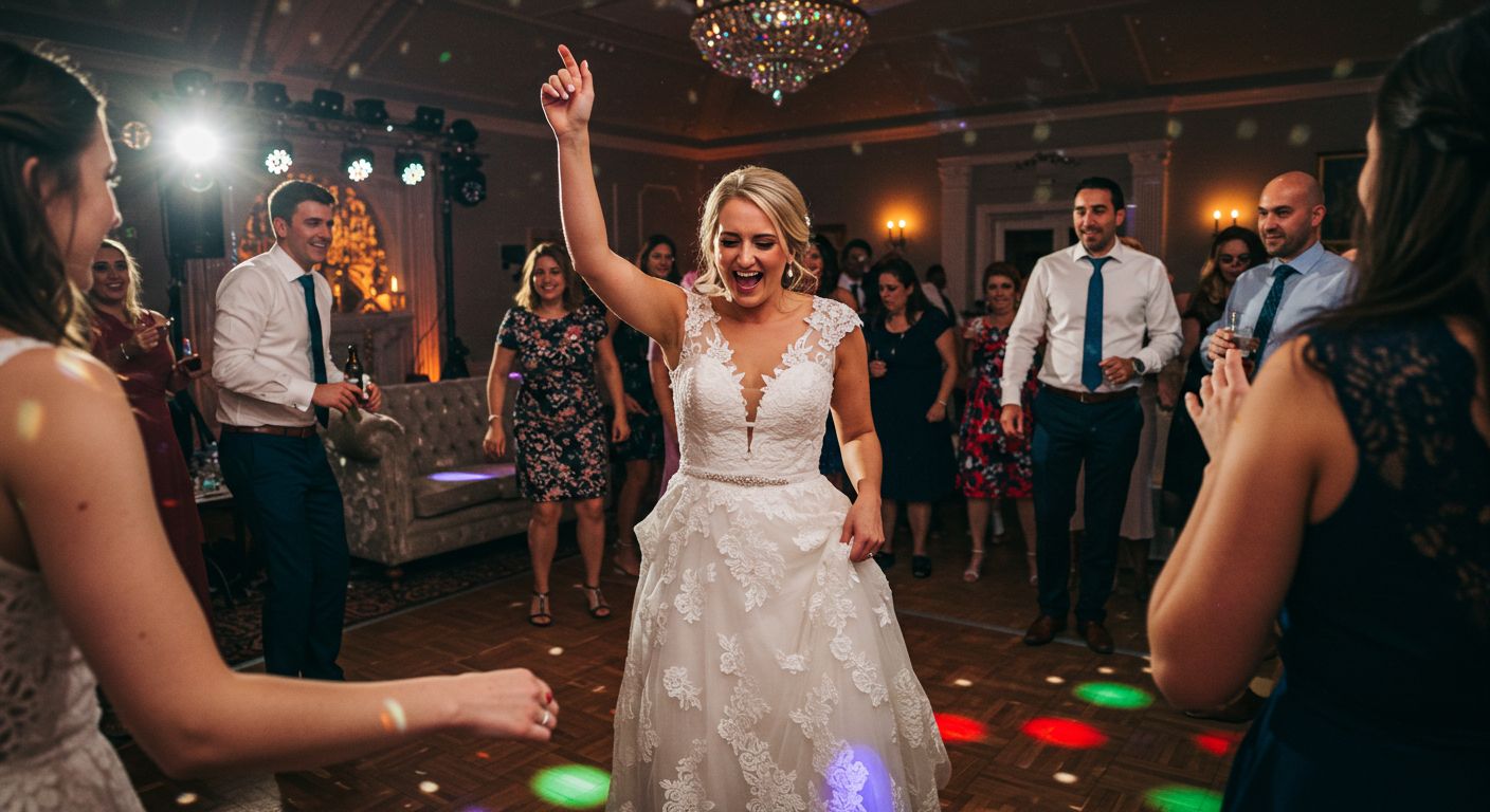 Photo of a happy bride surrounded by friends on her wedding day