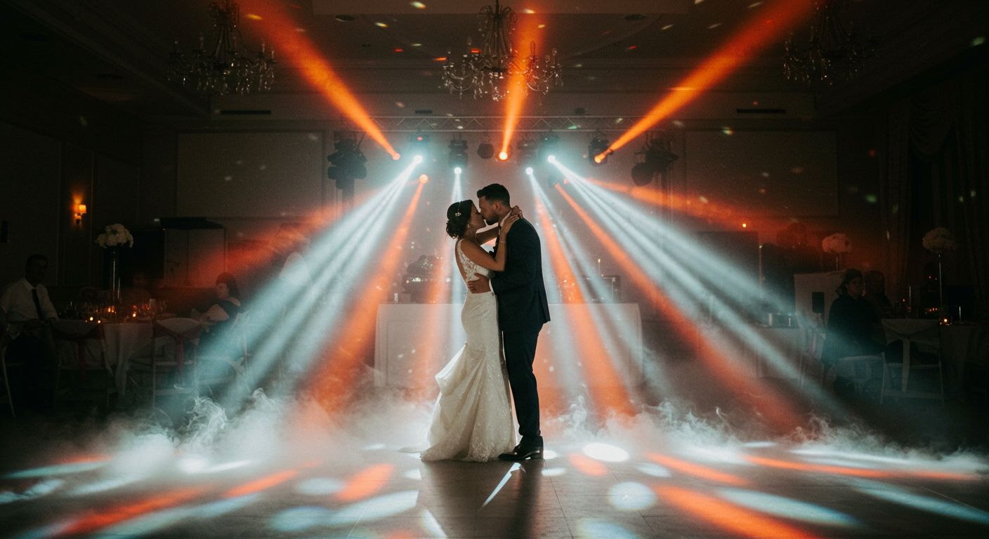 Happily married couple kissing on the wedding dance floor